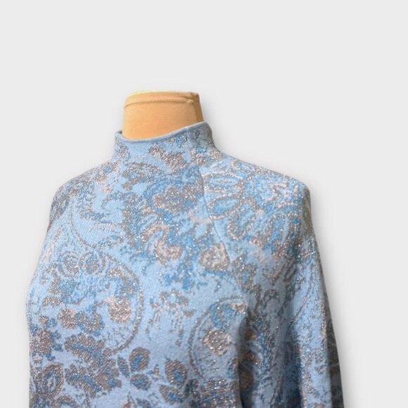 Anthropologie Mock-Neck Sweater Small Silver Metallic Blue Paisley Winter Retro - Picture 6 of 8
